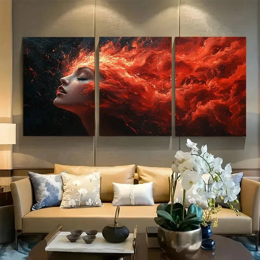 3pcs Surreal Abstract Woman Fire and Smoke Metal Print Ready to Hang Art