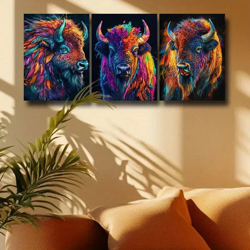 3pcs Colorful Bison Head Design Metal Print Ready to Hang Art