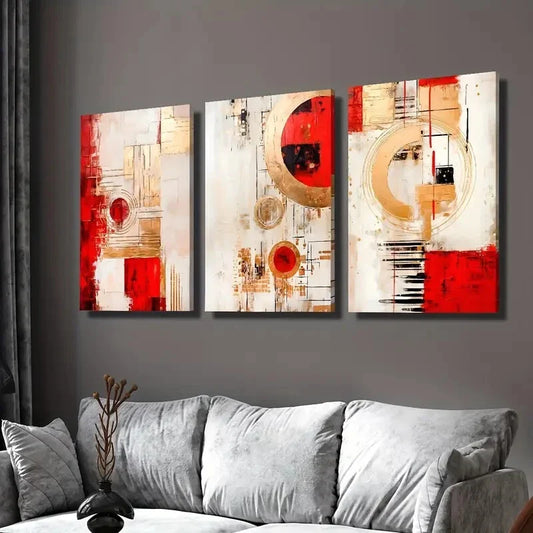 3pcs Red Abstract Geometry, Modern Wall Art Set Canvas Framed 40x60cm - High Quality Print 100% Australian Made Wall Canvas Ready to Hang