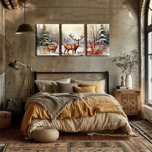 3pcs Moose in Snow Triptych Wall Art Set Canvas Framed 40x60cm - High Quality Print 100% Australian Made Wall Canvas Ready to Hang