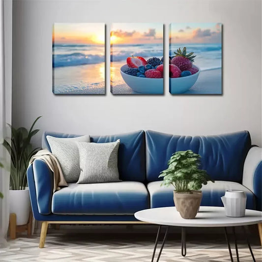 3pcs Beach, Bowl of Fruit, Oil Painting, Wall Art Set Canvas Framed 40x60cm - High Quality Print 100% Australian Made Wall Canvas Ready to Hang