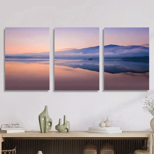 3pcs Mountains, sunrise, fog, lake, reflection, Metal Print Ready to Hang Art