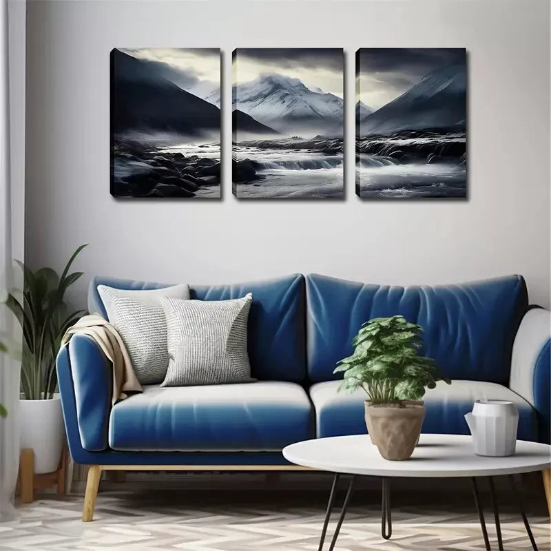 3pcs Black and White Background, Mountain Wall Art Set Canvas Framed 40x60cm - High Quality Print 100% Australian Made Wall Canvas Ready to Hang