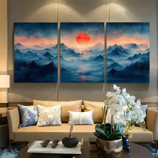 3pcs Misty Blue Mountains Chinese Red Sun Metal Print Ready to Hang Art