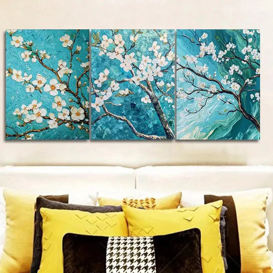 3pcs Green And White Blossoming Almond Trees Metal Print Ready to Hang Art