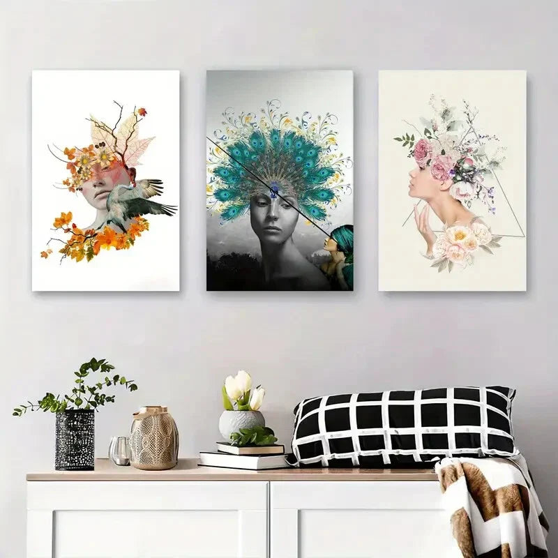 3pcs Floral & Feathers Woman Portrait Birds Metal Print Ready to Hang Art