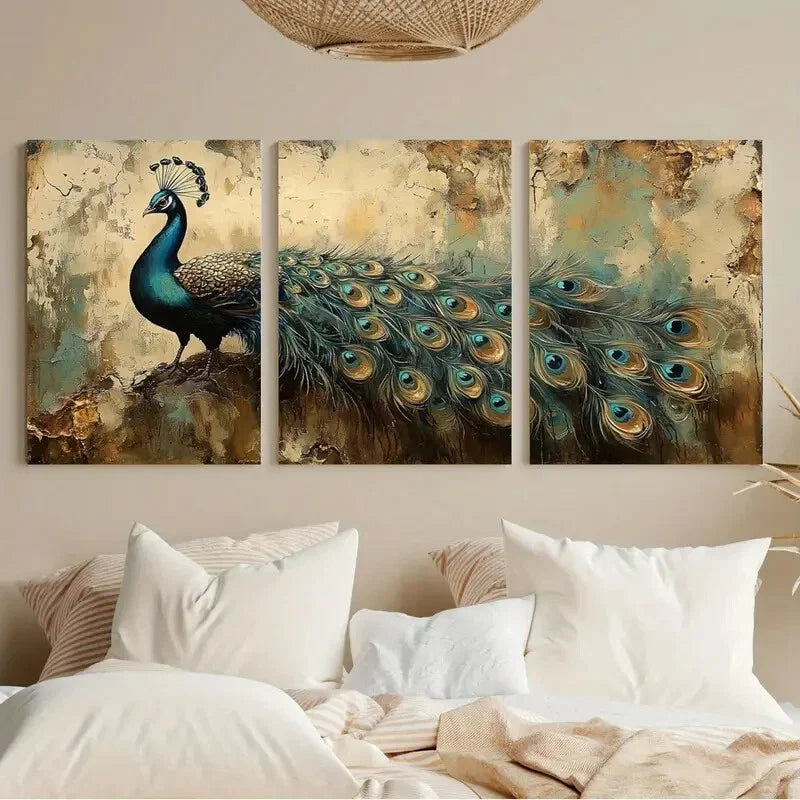 3pcs Vintage Peacock Design Large Metal Print Ready to Hang Art