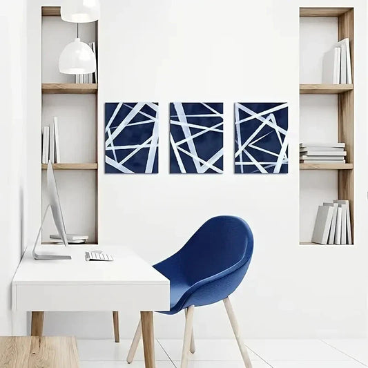 3pcs Blue Abstract Geometric Metal Print Ready to Hang Art