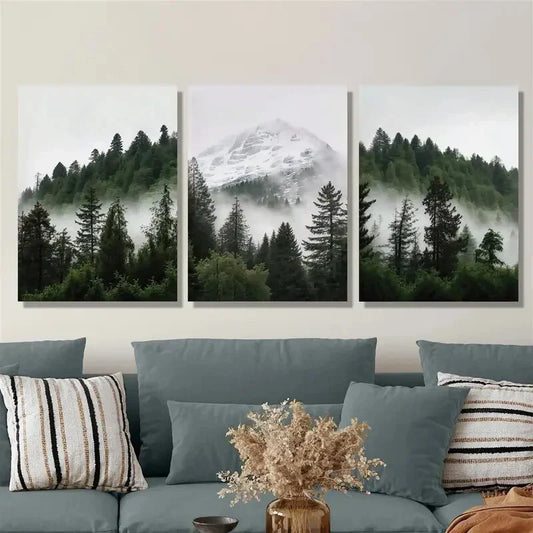 3pcs forests and mountains with rising mist, Metal Print Ready to Hang Art