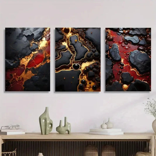 3pcs Golden red black texture art, Metal Print Ready to Hang Art