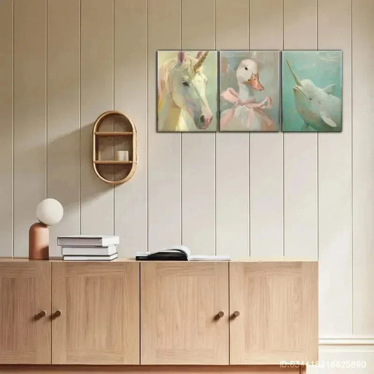 3pcs Duck Pink Bow Pastel Tones Vintage Metal Print Ready to Hang Art