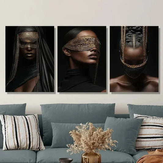 3pcs Woman in Mask with Golden Chains Metal Print Ready to Hang Art