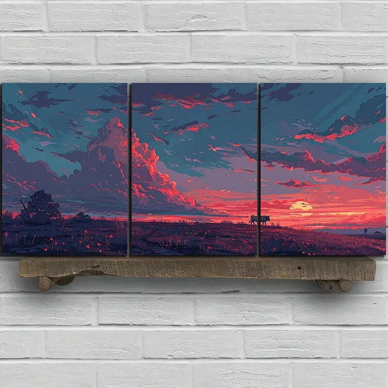 3pcs Sunset Grassland Dramatic Sky and Silhouette Metal Print Ready to Hang Art