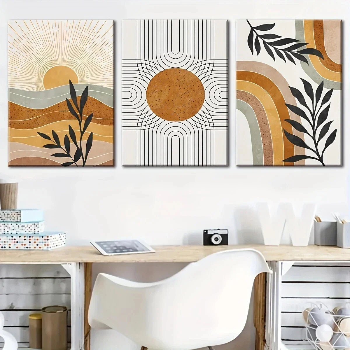 3pcs Modern Abstract Art Line Leaf Sun Metal Print Ready to Hang Art