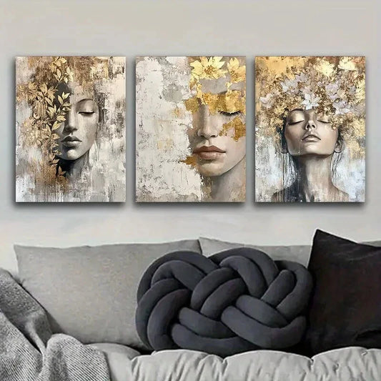 3pcs Golden and gray girl Art Painting Metal Print Ready to Hang Art
