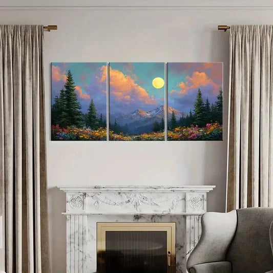3pcs Moonlit Mountain Landscape Pine Trees Metal Print Ready to Hang Art