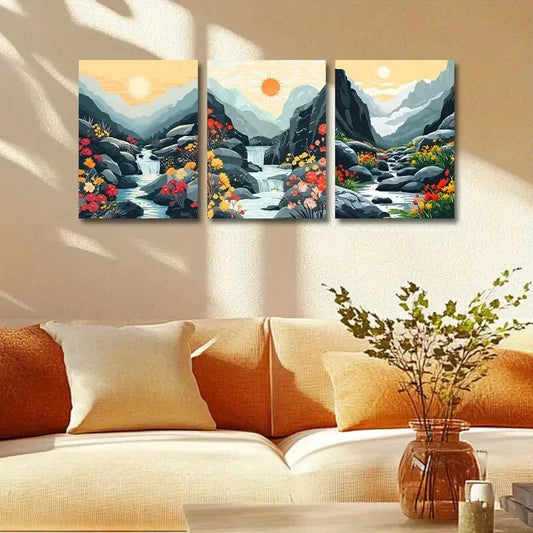 3pcs Yamanaka Mountain Landscape with Florals Metal Print Ready to Hang Art