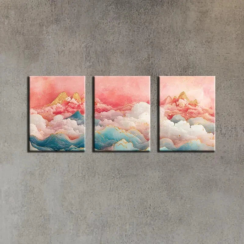 3pcs Pink and Blue Waves Painting Metal Print Ready to Hang Art