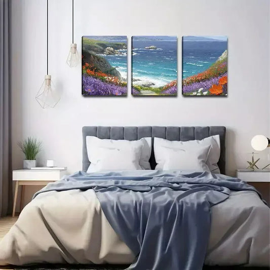 3pcs Flowers With Grass Mountain & Sea Canvas Framed 40x60cm - High Quality Print 100% Australian Made Wall Canvas Ready to Hang