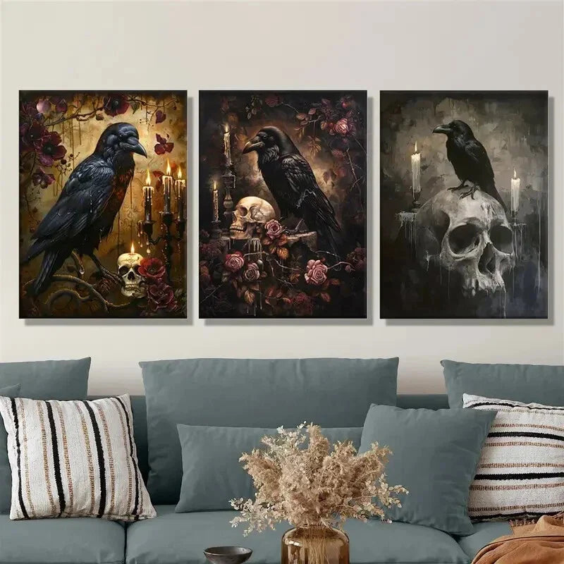 3pcs ,Skeleton Crow Art Dark Fantasy Metal Print Ready to Hang Art