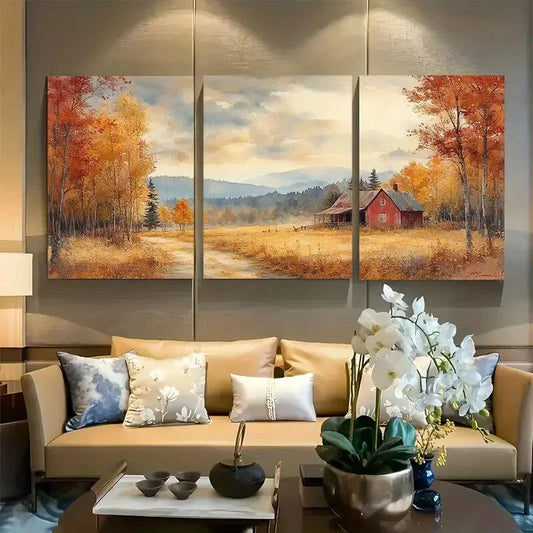 3pcs Vintage Fall Landscape with Old House Metal Print Ready to Hang Art