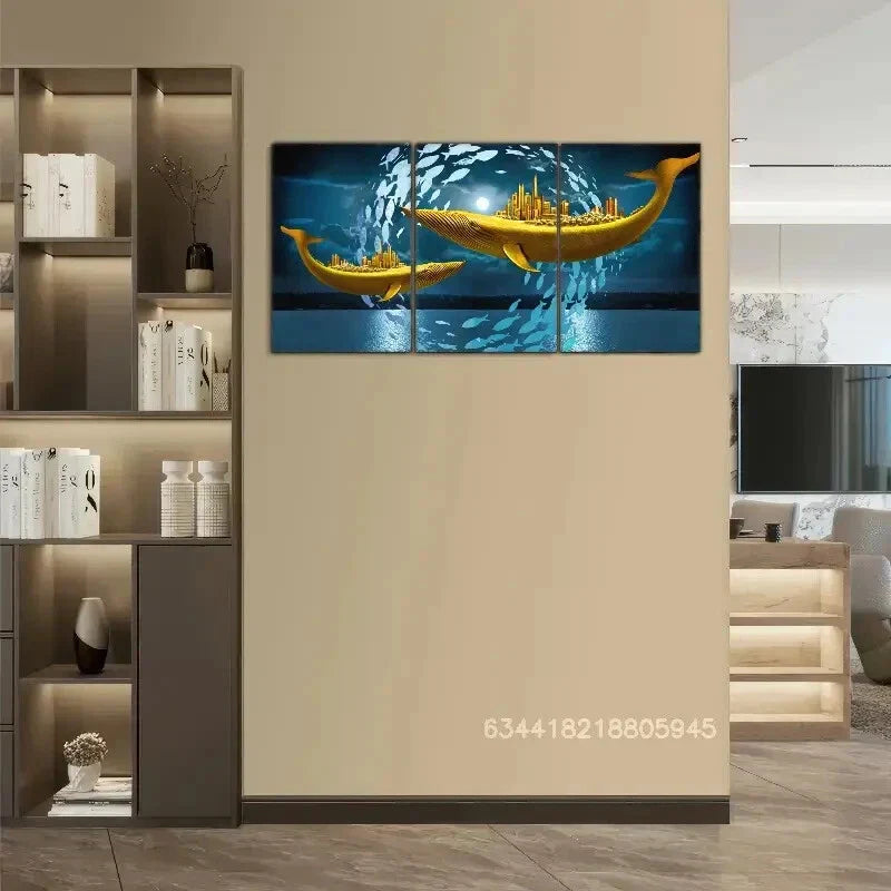 3pcs Golden Fishing Boat & School of Fish, Metal Print Ready to Hang Art