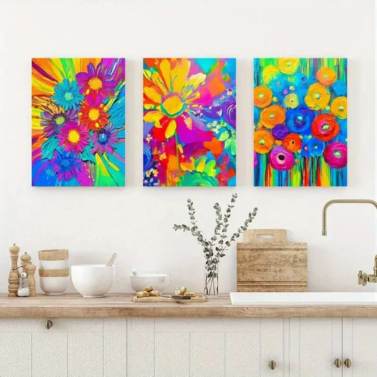 3pcs Bright Colorful Flower Design Metal Print Ready to Hang Art