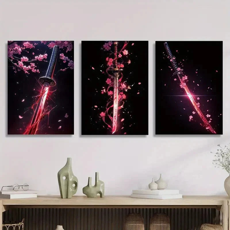 3pcs Vibrant Sakura & Samurai Katana Design Metal Print Ready to Hang Art