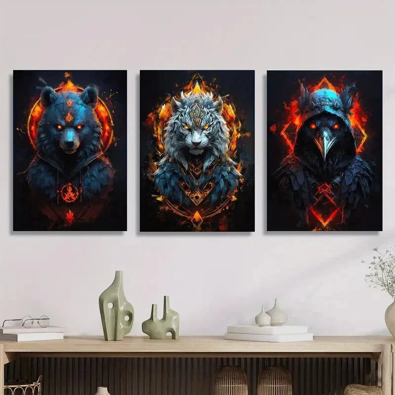 3pcs red flaming white tiger, Black bear, crow Metal Print Ready to Hang Art
