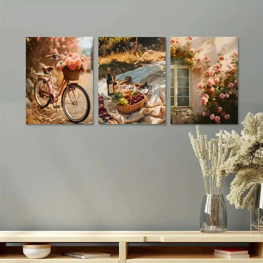 3pcs Dreamy Picnic Still Life Bicycle Rose Flowers Metal Print Ready to Hang Art