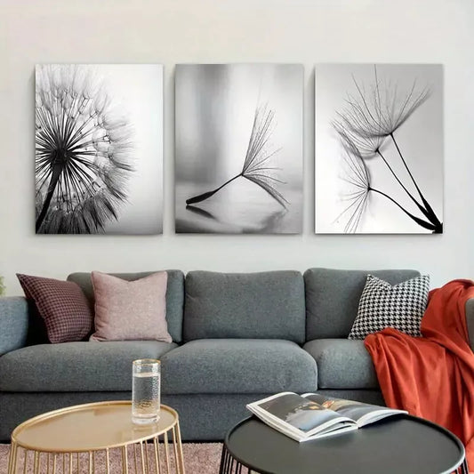 3pcs Dandelion Flower Black & White Canvas Framed 40x60cm - High Quality Print 100% Australian Made Wall Canvas Ready to Hang