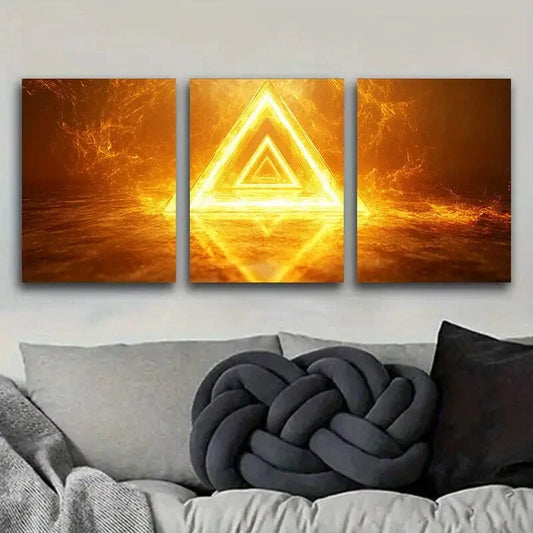 3pcs A glowing yellow triangle Art Painting Metal Print Ready to Hang Art