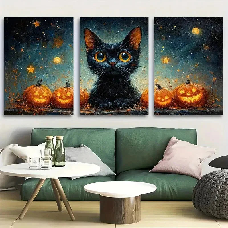 3pcs Black Cat Halloween Starry Night Metal Print Ready to Hang Art