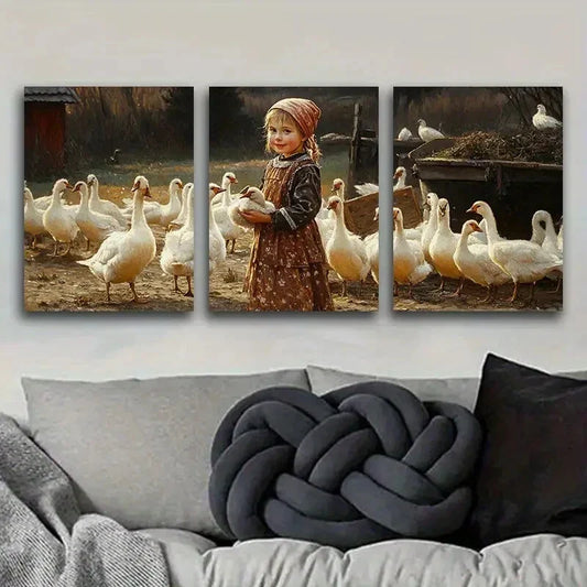 3pcs The girl feeds the animals on the farm Metal Print Ready to Hang Art