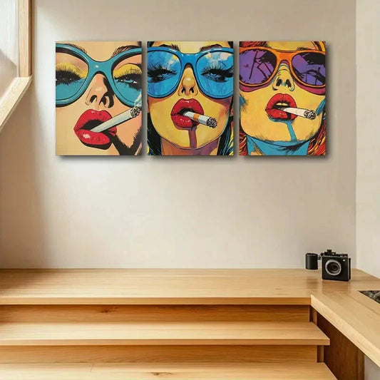 3pcs Vibrant Blue Glasses & Red Lips Metal Print Ready to Hang Art