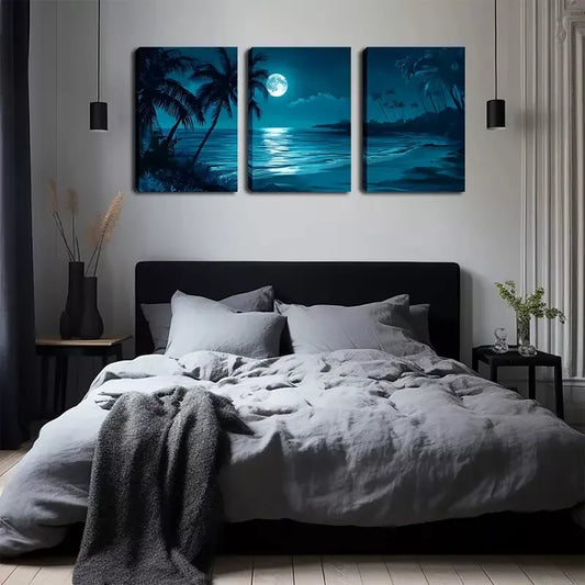 3pcs Under The Night, Coconut Trees, Beaches Wall Art Set Canvas Framed 40x60cm - High Quality Print 100% Australian Made Wall Canvas Ready to Hang