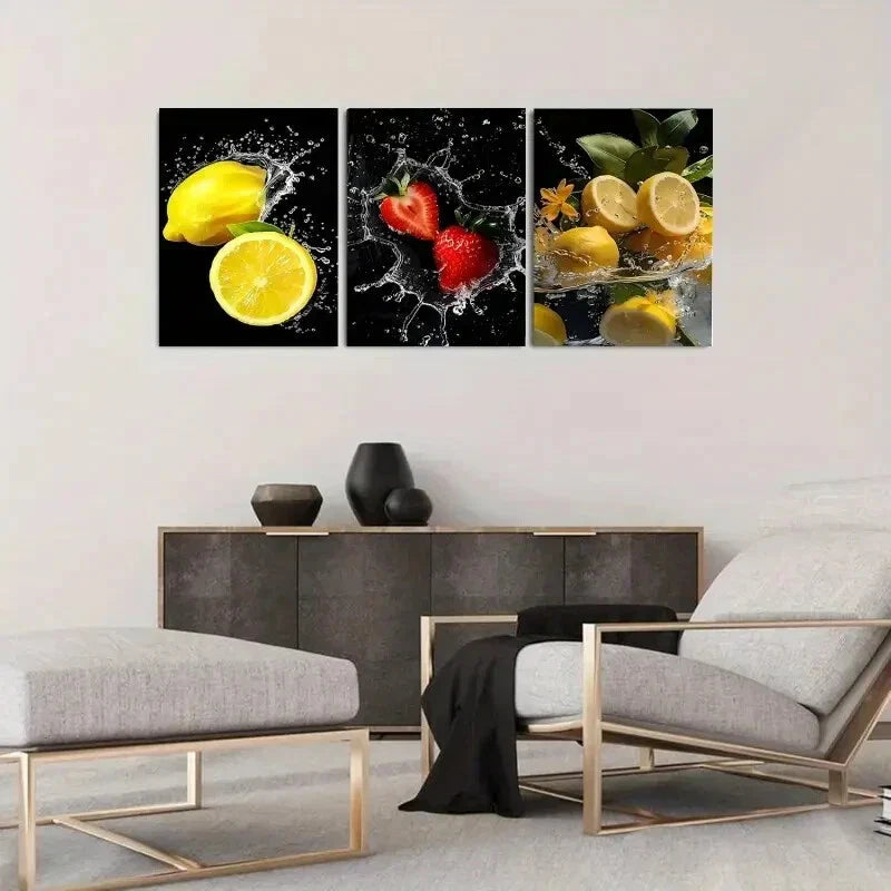 3pcs Fruit with Splash Water Metal Print Ready to Hang Art