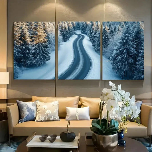 3pcs Curvy Windy Road in Snow Covered Forest Metal Print Ready to Hang Art