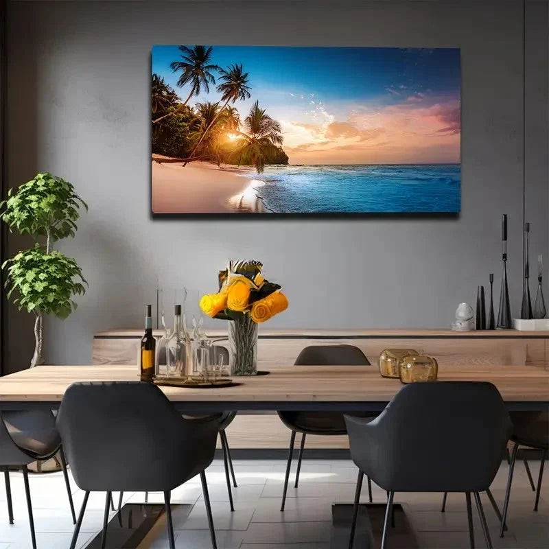 Tropical Beach Sunset Wall Art Canvas Office Home Room Framed 120x60cm