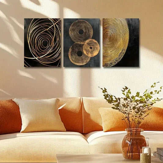 3pcs Concentric Circles Design in Black and Golden Metal Print Ready to Hang Art