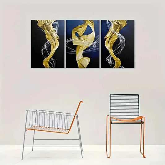 3pcs Abstract Golden Swirls on Dark Background Metal Print Ready to Hang Art