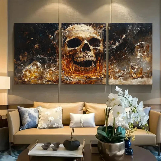 3pcs Skull Whiskey in Glass Design Metal Print Ready to Hang Art