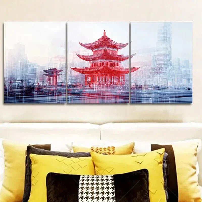3pcs Chinese-style tower Art Painting Metal Print Ready to Hang Art