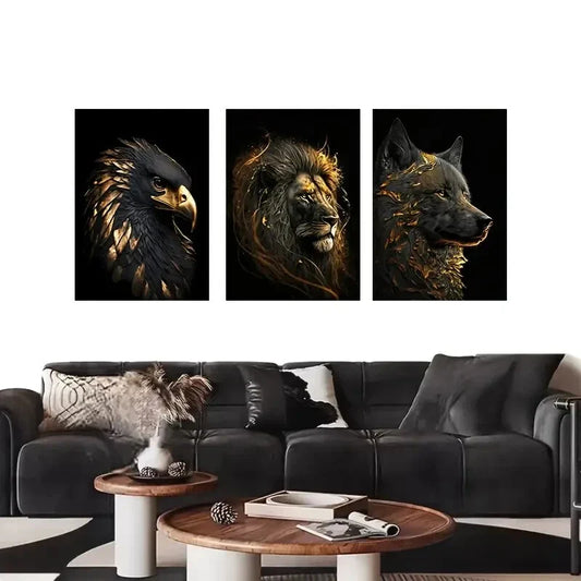 3pcs Stylish Animal with Golden Accents Metal Print Ready to Hang Art