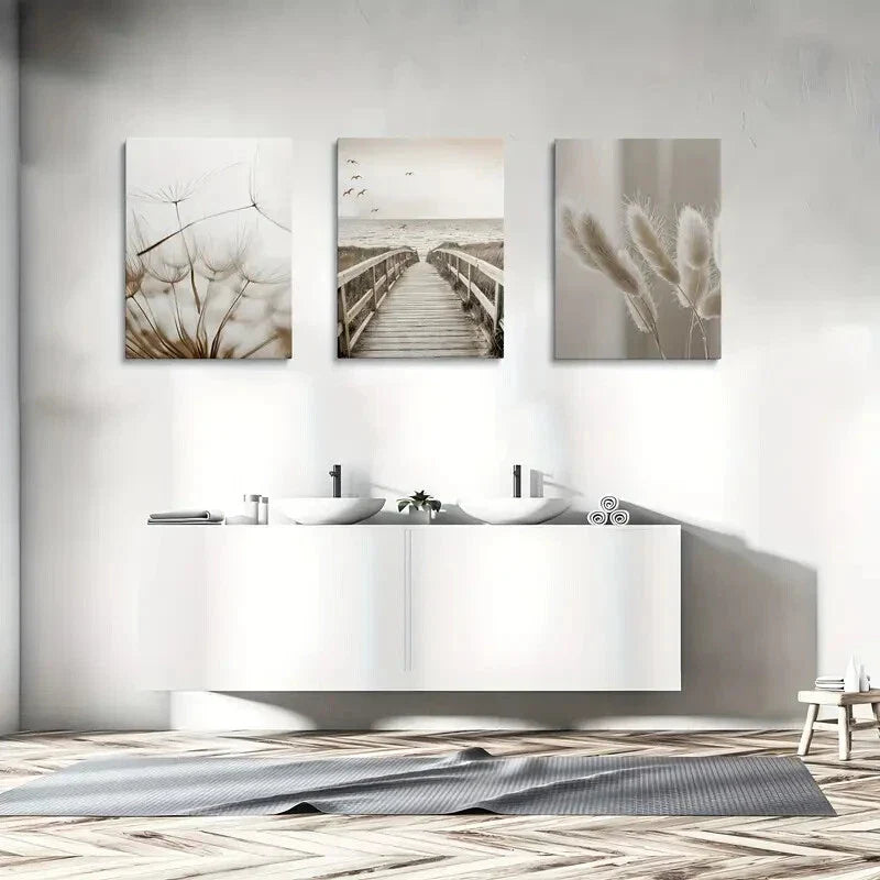 3pcs Coastal Sunset & Beach Pier Scenery Metal Print Ready to Hang Art