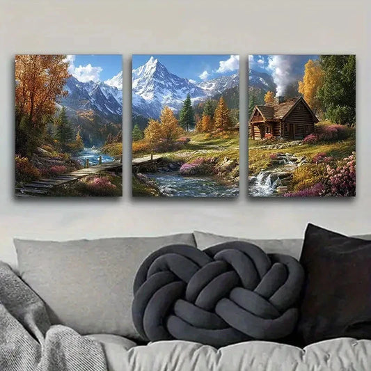 3pcs Pretty little cabin by the stream Metal Print Ready to Hang Art