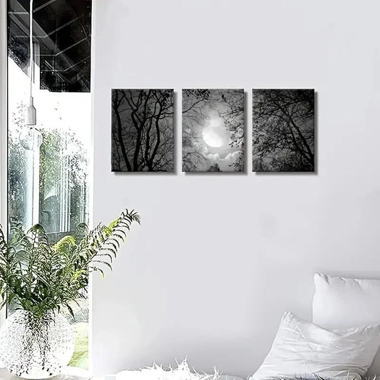 3pcs Black And White Full Moon Over a Forest Metal Print Ready to Hang Art