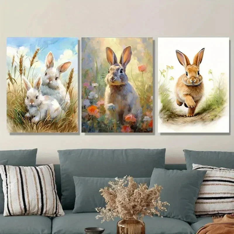 3pcs Charming Rabbit Brown Metal Print Ready to Hang Art