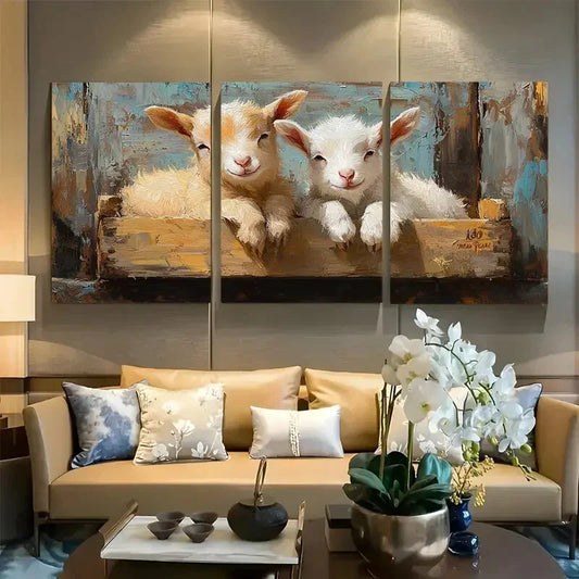 3pcs Adorable Young Goats Resting Warm Light Metal Print Ready to Hang Art