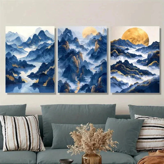 3pcs mountain and river pictures, golden ink Metal Print Ready to Hang Art